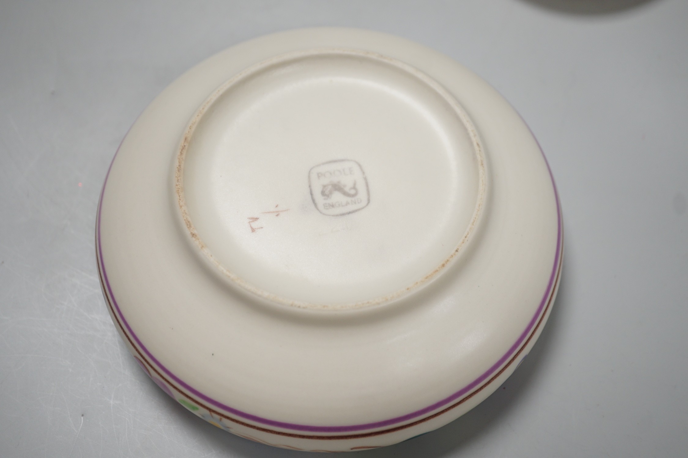 Five items of 1930's/40's Poole pottery, two Delphis plates and a boxed yellow poppy plate